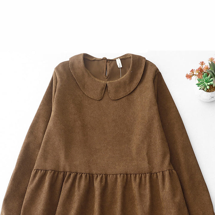 Buddha Stones Button Design Cotton Corduroy Peter Pan Collar Long Sleeve Midi Dress With Pockets - image 2