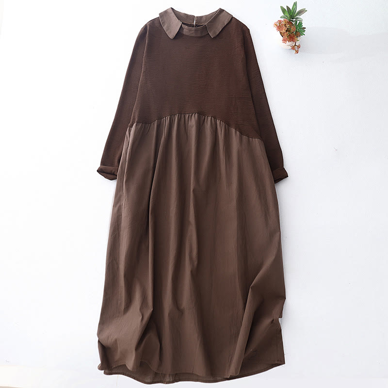 Buddha Stones Spring Plain Lapel Long Sleeve Cotton Linen Midi Dress With Pockets - SaddleBrown - US8-10，UK/AU12-14，EU40-42 (2XL) - image 0
