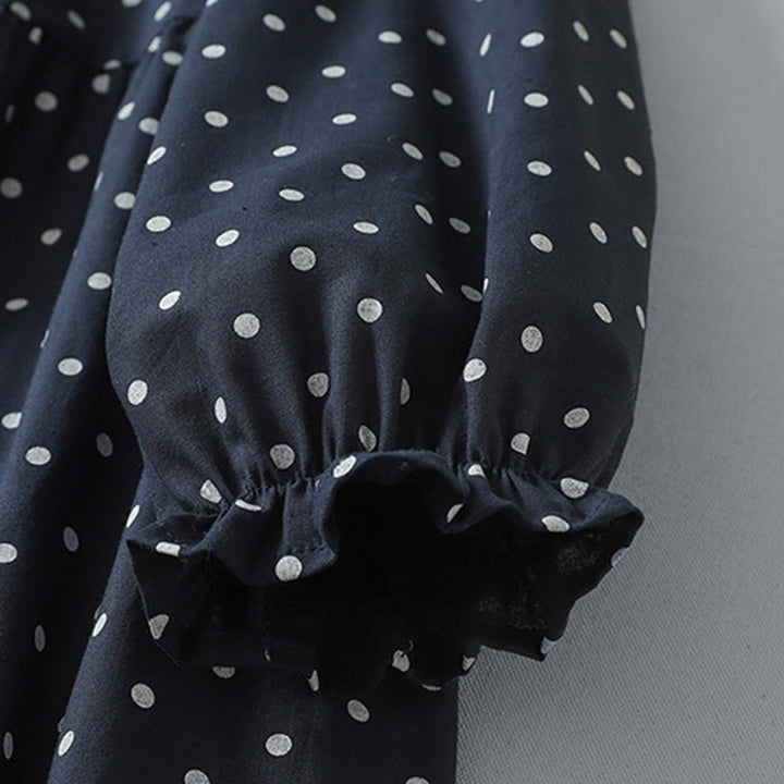 Buddha Stones Spring Dot Pattern Ruffle Crew Neck Long Sleeve Cotton Linen Midi Dress With Pockets - image 14