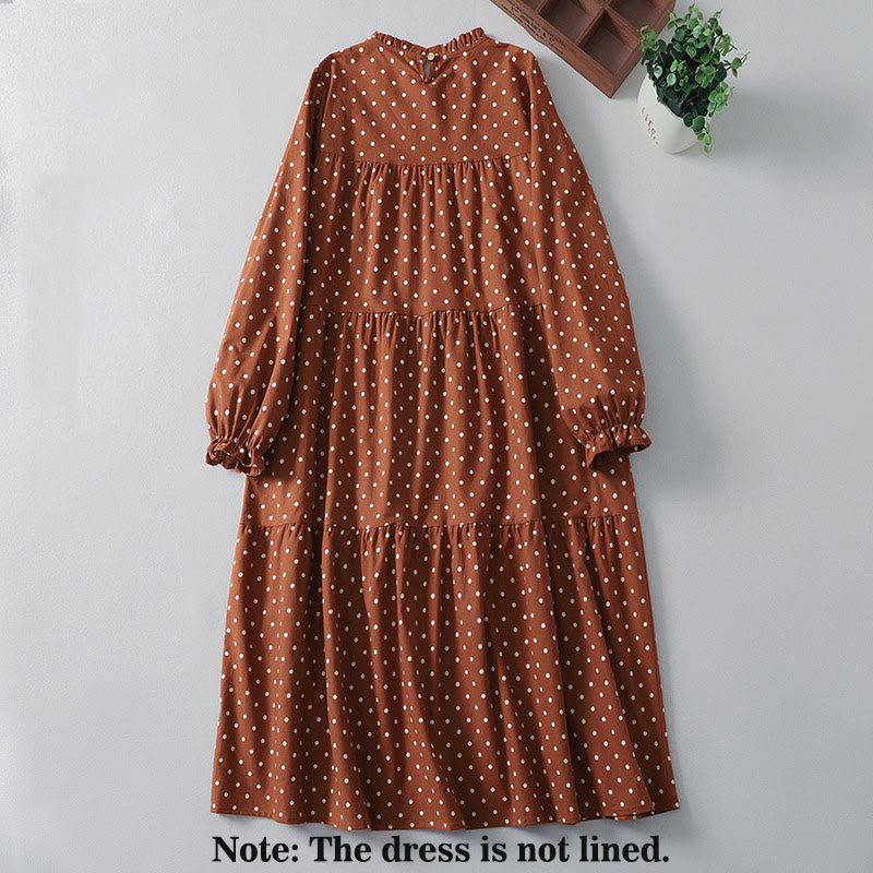 Buddha Stones Spring Dot Pattern Ruffle Crew Neck Long Sleeve Cotton Linen Midi Dress With Pockets - image 1