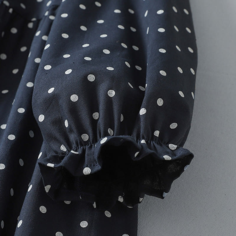 Buddha Stones Spring Dot Pattern Ruffle Crew Neck Long Sleeve Cotton Linen Midi Dress With Pockets - image 14