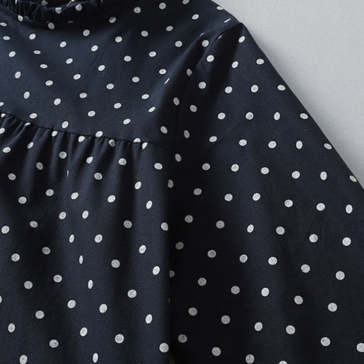 Buddha Stones Spring Dot Pattern Ruffle Crew Neck Long Sleeve Cotton Linen Midi Dress With Pockets - image 13