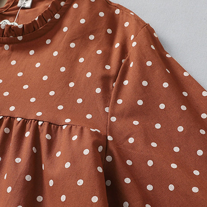 Buddha Stones Spring Dot Pattern Ruffle Crew Neck Long Sleeve Cotton Linen Midi Dress With Pockets - image 4