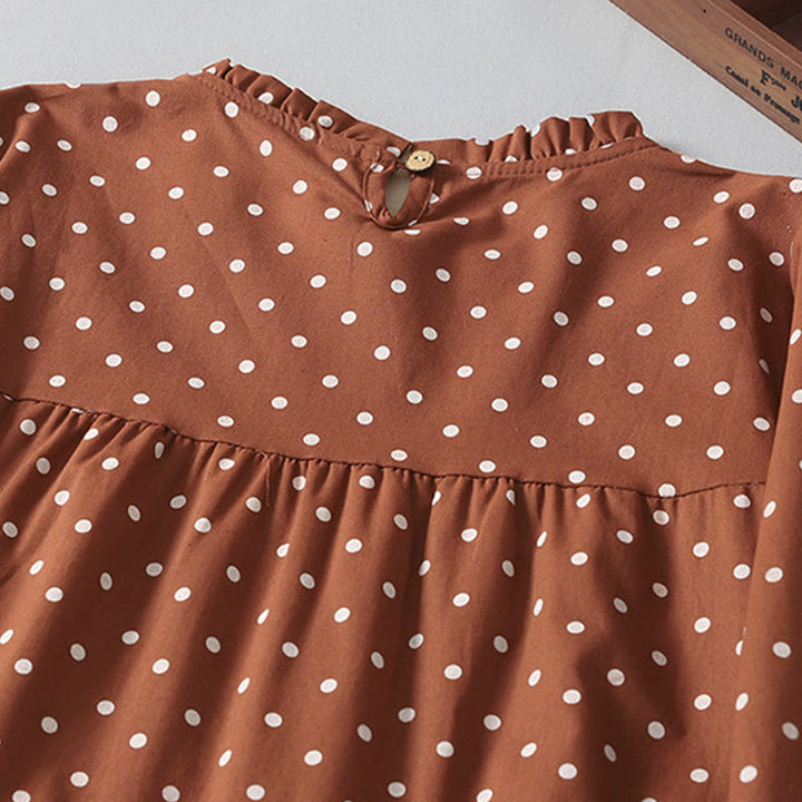Buddha Stones Spring Dot Pattern Ruffle Crew Neck Long Sleeve Cotton Linen Midi Dress With Pockets - image 3