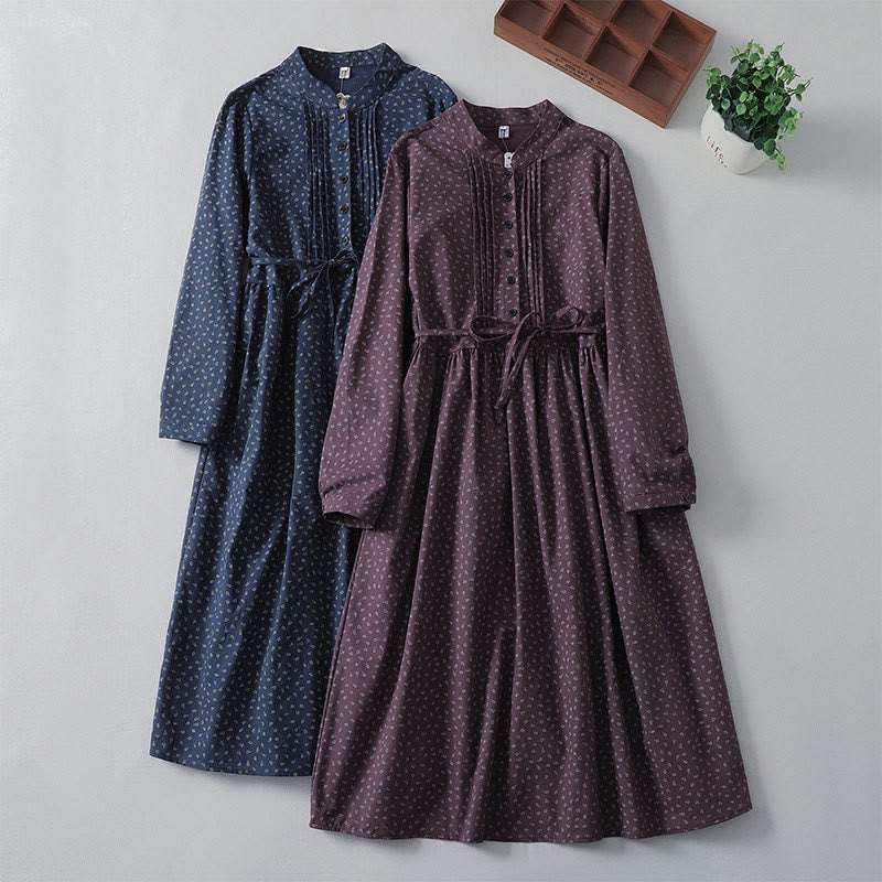 Buddha Stones Printing Floral Accordion Pleats Cotton Linen Long Sleeve Midi Dress With Pockets - image 17