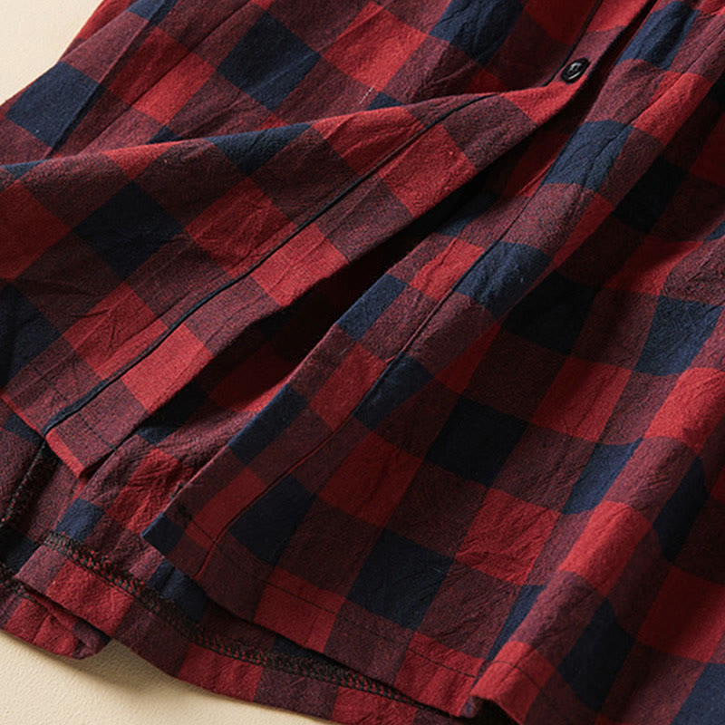 Buddha Stones Contrast Color Plaid Buttons Design Cotton Linen Long Sleeve Midi Dress With Pockets - image 20