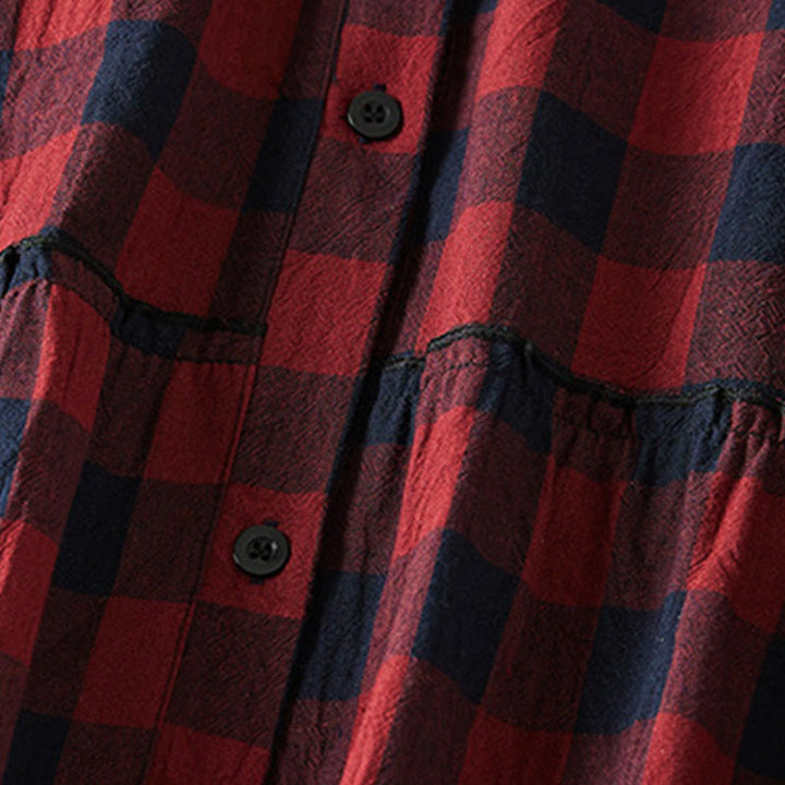 Buddha Stones Contrast Color Plaid Buttons Design Cotton Linen Long Sleeve Midi Dress With Pockets - image 14