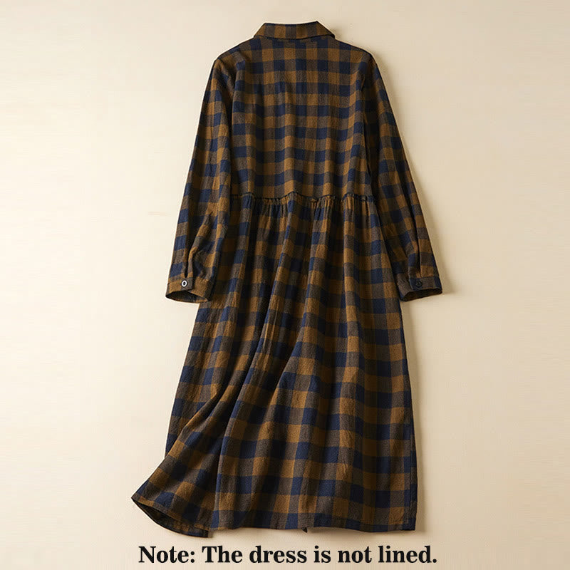 Buddha Stones Contrast Color Plaid Buttons Design Long Sleeve Midi Dress With Pockets - image 1