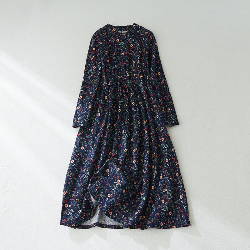 Buddha Stones Ethnic Printing Floral Lace-Up Design Long Sleeve Cotton Linen Midi Dress - MidnightBlue - US8-10，UK/AU12-14，EU40-42 (2XL) - image 0