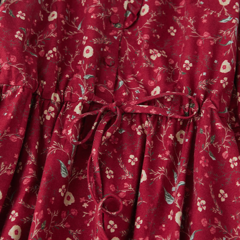 Buddha Stones Ethnic Printing Floral Lace-Up Design Long Sleeve Cotton Linen Midi Dress - image 13