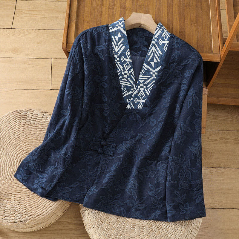 Buddha Stones Casual Jacquard Frog-Button Women's Cotton Linen Long Sleeve Shirt - MidnightBlue - US12，UK/AU16，EU44 (2XL) - image 0