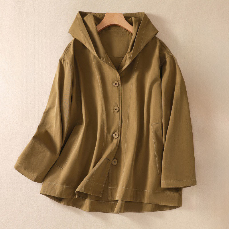 Buddha Stones Pure Color Hooded Women's Long Sleeve Cotton Jacket With Pockets - DarkGoldenrod - US14，UK/AU18，EU46 (2XL) - image 1