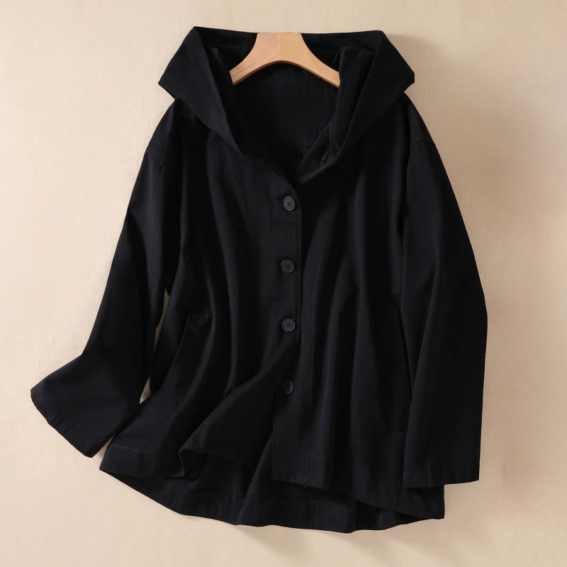 Buddha Stones Pure Color Hooded Women's Long Sleeve Cotton Jacket With Pockets - Black - US14，UK/AU18，EU46 (2XL) - image 9