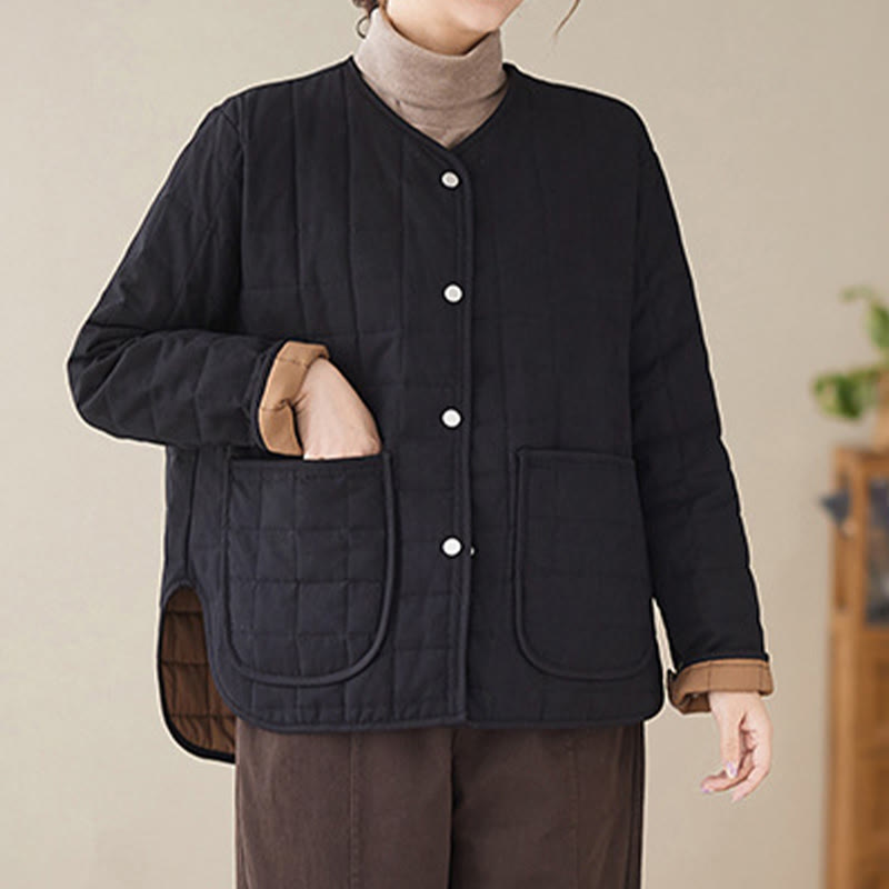 Buddha Stones Retro Plain Women's Thick Cotton Long Sleeve Coat Jacket With Pockets - Black - US14，UK/AU18，EU46 (2XL) - image 0