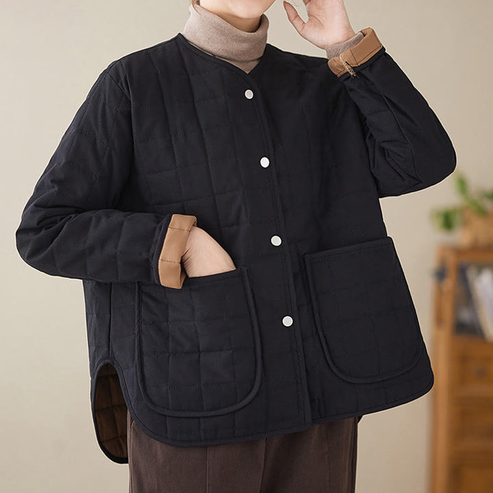 Buddha Stones Retro Plain Women's Thick Cotton Long Sleeve Coat Jacket With Pockets - image 4