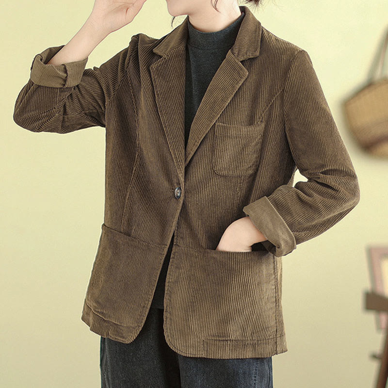 Buddha Stones Retro Plain Women's Cotton Long Sleeve Corduroy Jacket With Pockets - image 1