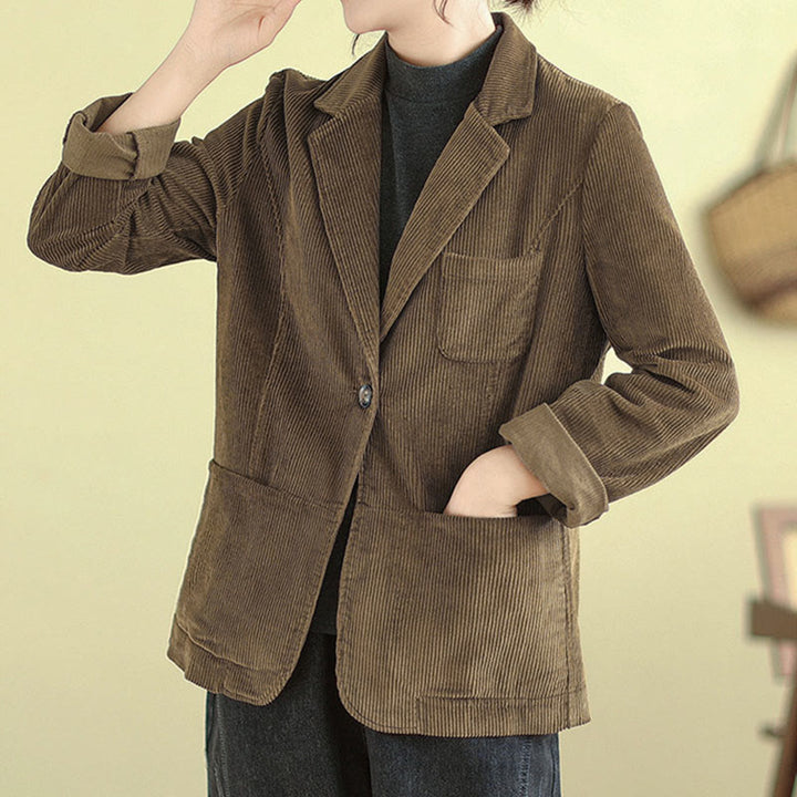 Buddha Stones Retro Plain Women's Cotton Long Sleeve Corduroy Jacket With Pockets - image 1
