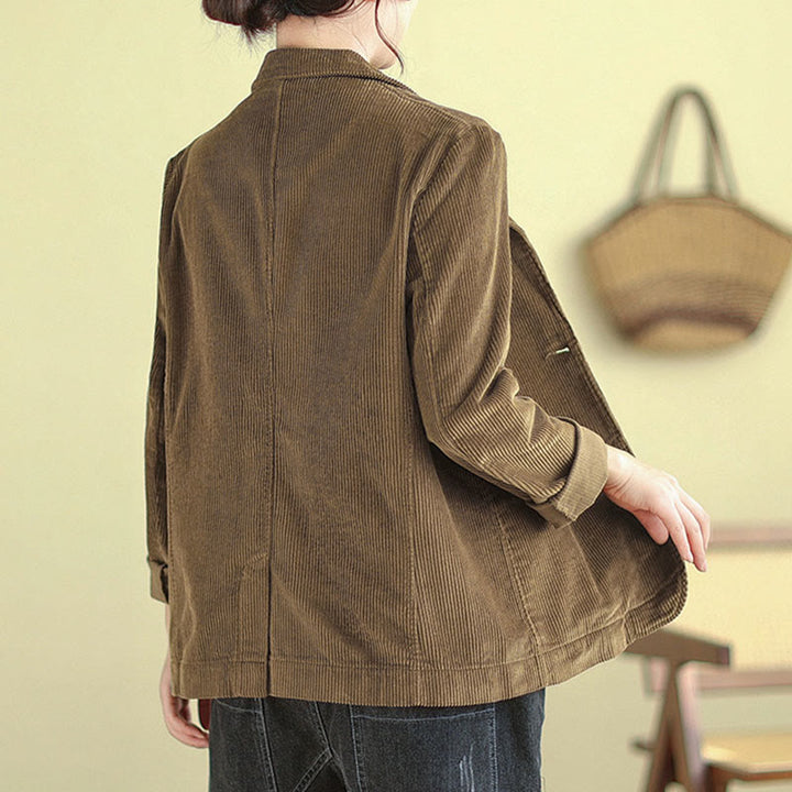 Buddha Stones Retro Plain Women's Cotton Long Sleeve Corduroy Jacket With Pockets - image 4