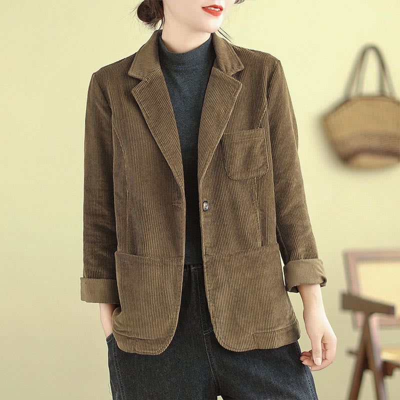 Buddha Stones Retro Plain Women's Cotton Long Sleeve Corduroy Jacket With Pockets - DarkGoldenrod - US12，UK/AU16，EU44 (2XL) - image 0