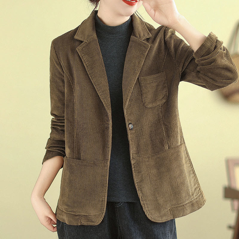 Buddha Stones Retro Plain Women's Cotton Long Sleeve Corduroy Jacket With Pockets - image 2