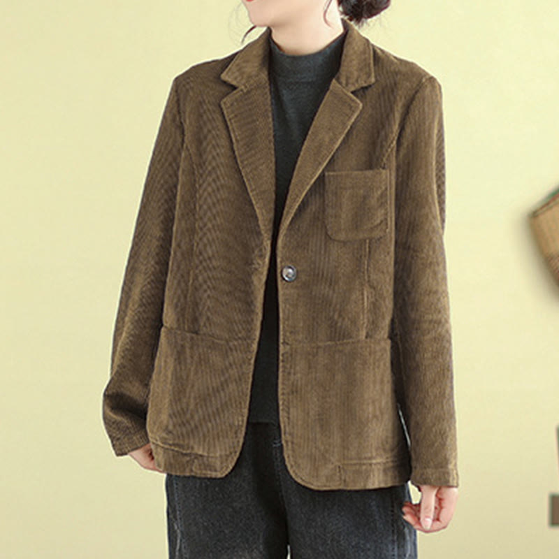 Buddha Stones Retro Plain Women's Cotton Long Sleeve Corduroy Jacket With Pockets - image 5