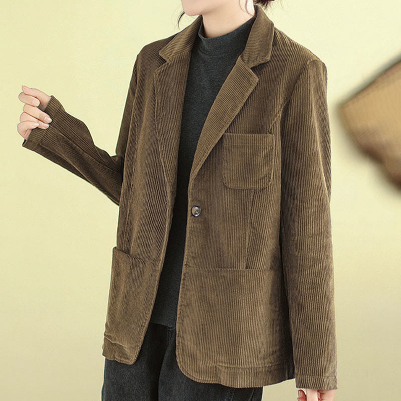 Buddha Stones Retro Plain Women's Cotton Long Sleeve Corduroy Jacket With Pockets - image 3