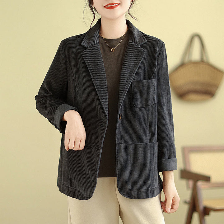 Buddha Stones Retro Plain Women's Cotton Long Sleeve Corduroy Jacket With Pockets - DimGray - US12，UK/AU16，EU44 (2XL) - image 11