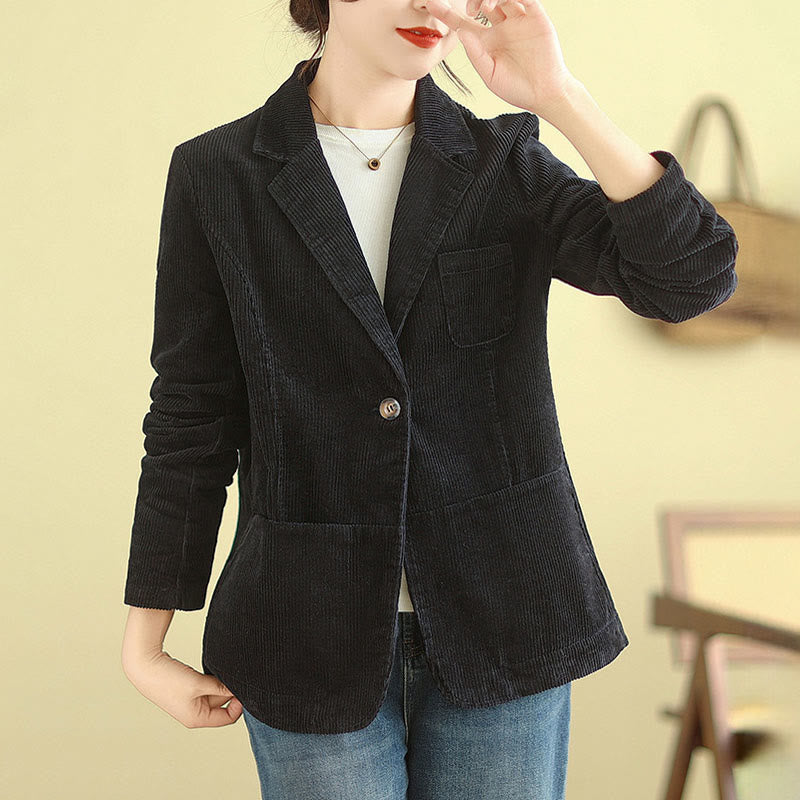 Buddha Stones Retro Plain Women's Cotton Long Sleeve Corduroy Jacket With Pockets - image 23