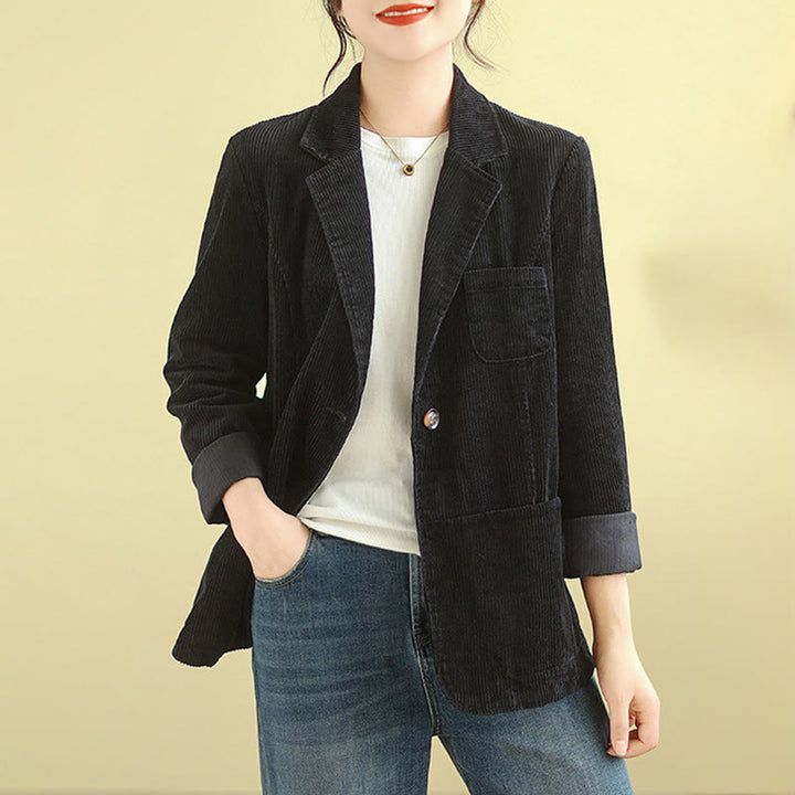 Buddha Stones Retro Plain Women's Cotton Long Sleeve Corduroy Jacket With Pockets - Black - US12，UK/AU16，EU44 (2XL) - image 22