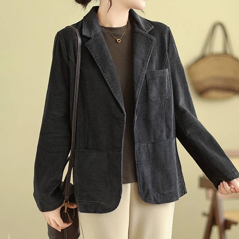 Buddha Stones Retro Plain Women's Cotton Long Sleeve Corduroy Jacket With Pockets - image 14