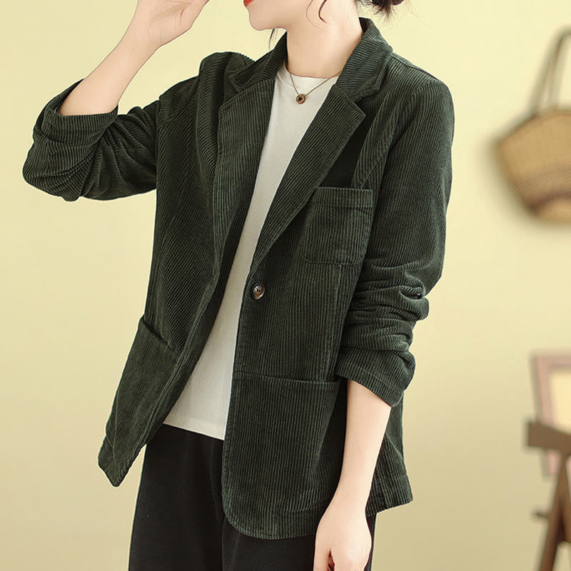 Buddha Stones Retro Plain Women's Cotton Long Sleeve Corduroy Jacket With Pockets - DarkOliveGreen - US12，UK/AU16，EU44 (2XL) - image 17