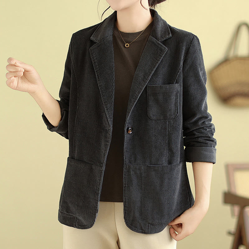 Buddha Stones Retro Plain Women's Cotton Long Sleeve Corduroy Jacket With Pockets - image 13