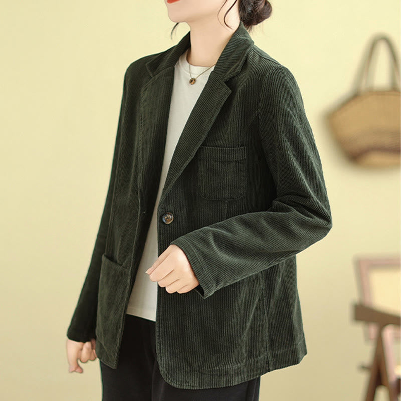 Buddha Stones Retro Plain Women's Cotton Long Sleeve Corduroy Jacket With Pockets - image 19