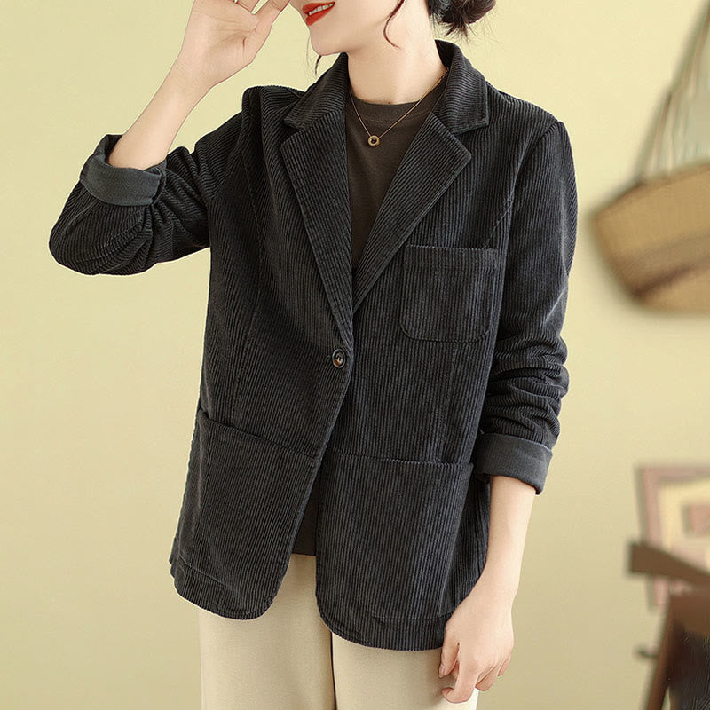 Buddha Stones Retro Plain Women's Cotton Long Sleeve Corduroy Jacket With Pockets - image 12