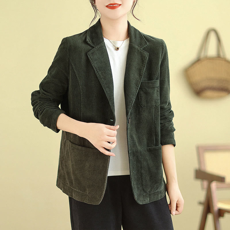 Buddha Stones Retro Plain Women's Cotton Long Sleeve Corduroy Jacket With Pockets - image 18