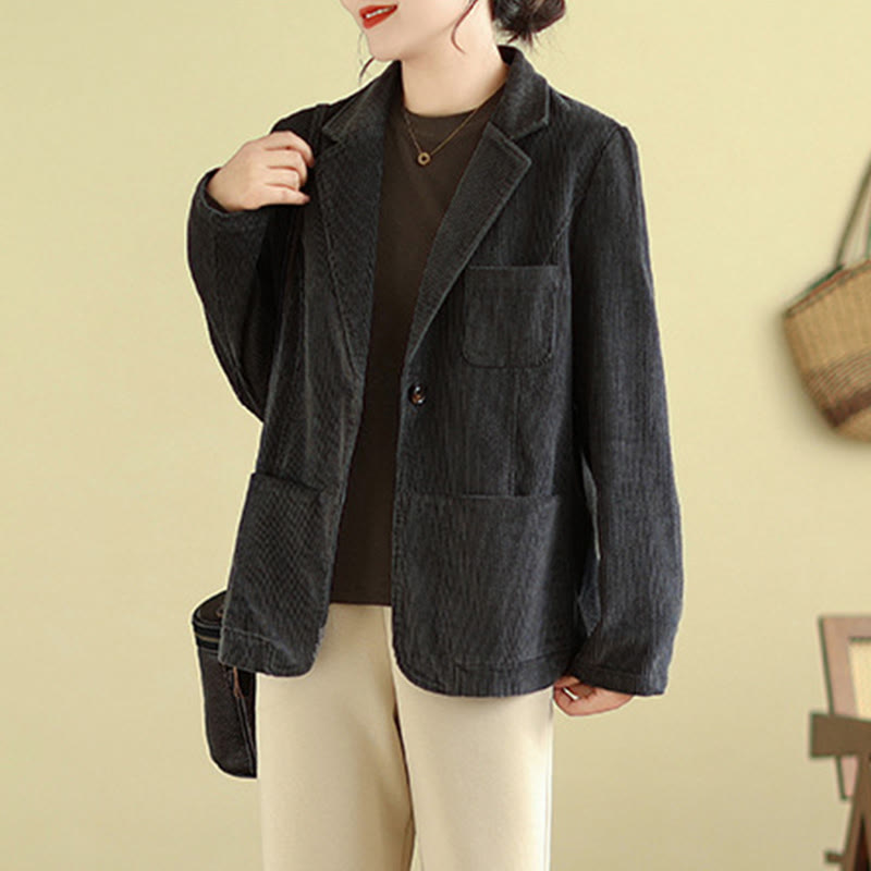 Buddha Stones Retro Plain Women's Cotton Long Sleeve Corduroy Jacket With Pockets - image 16