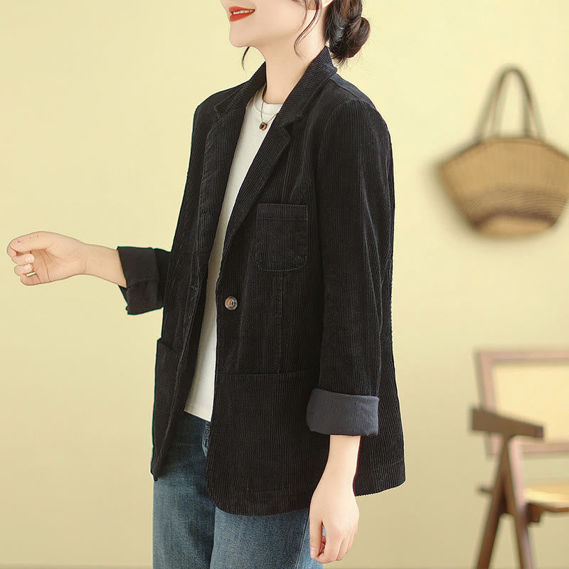 Buddha Stones Retro Plain Women's Cotton Long Sleeve Corduroy Jacket With Pockets - image 27