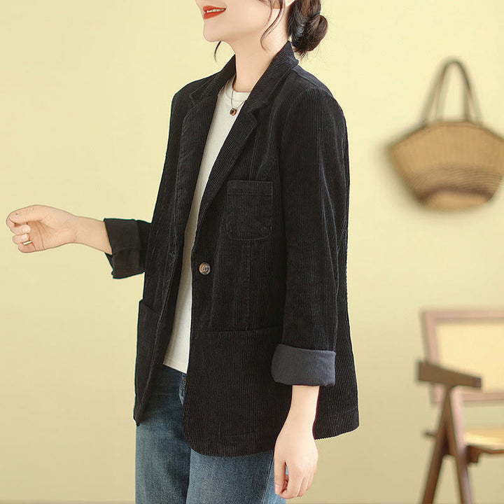 Buddha Stones Retro Plain Women's Cotton Long Sleeve Corduroy Jacket With Pockets - image 27