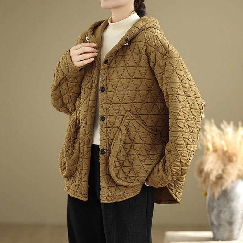 Buddha Stones Retro Rhombic Pattern Women's Acrylic Hooded Long Sleeve Jacket - Goldenrod - US14，UK/AU18，EU46 (2XL) - image 0