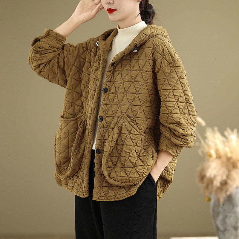 Buddha Stones Retro Rhombic Pattern Women's Acrylic Hooded Long Sleeve Jacket - image 3