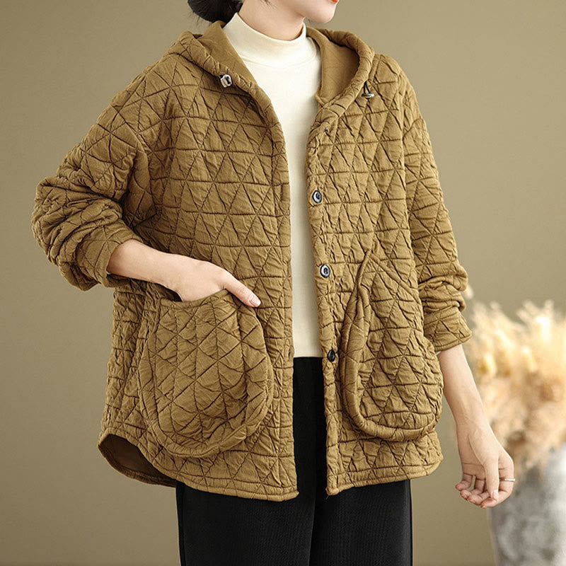 Buddha Stones Retro Rhombic Pattern Women's Acrylic Hooded Long Sleeve Jacket - image 1