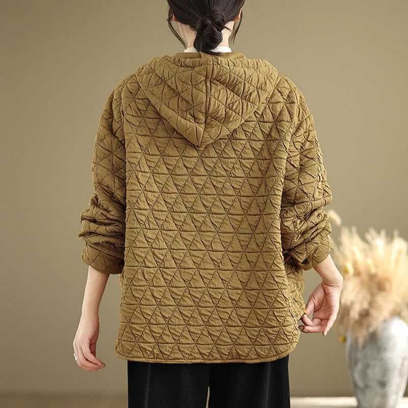 Buddha Stones Retro Rhombic Pattern Women's Acrylic Hooded Long Sleeve Jacket - image 5