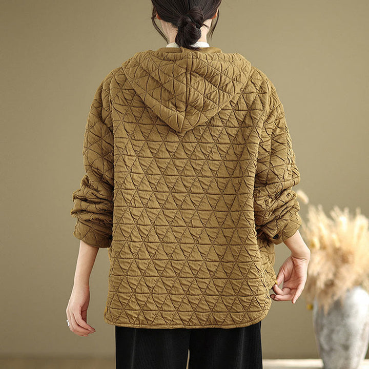 Buddha Stones Retro Rhombic Pattern Women's Acrylic Hooded Long Sleeve Jacket - image 5