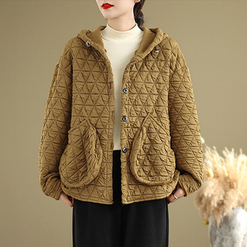 Buddha Stones Retro Rhombic Pattern Women's Acrylic Hooded Long Sleeve Jacket - image 4