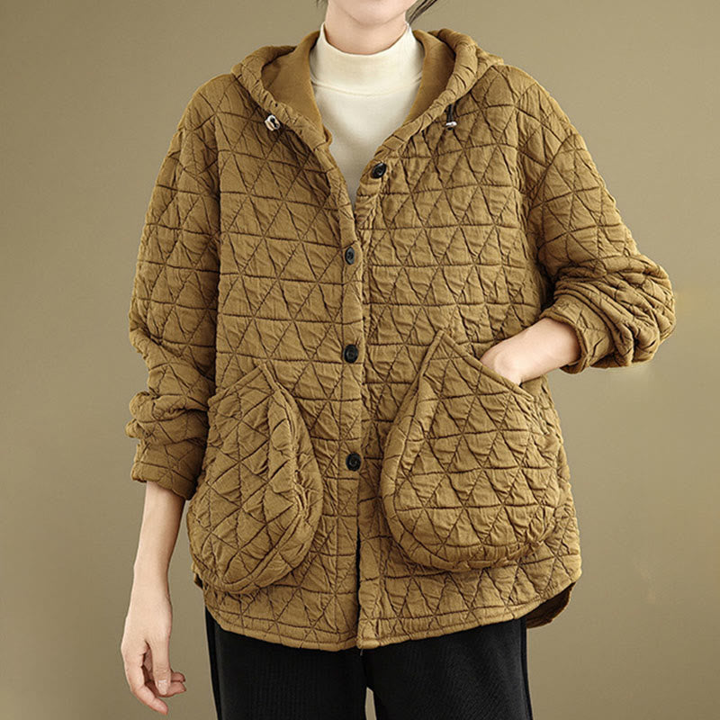 Buddha Stones Retro Rhombic Pattern Women's Acrylic Hooded Long Sleeve Jacket - image 2