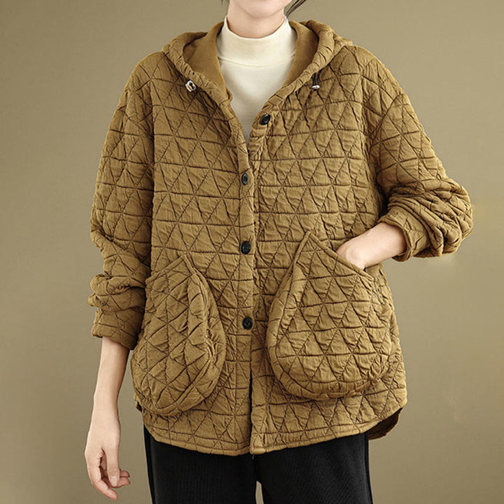 Buddha Stones Retro Rhombic Pattern Women's Acrylic Hooded Long Sleeve Jacket - image 2