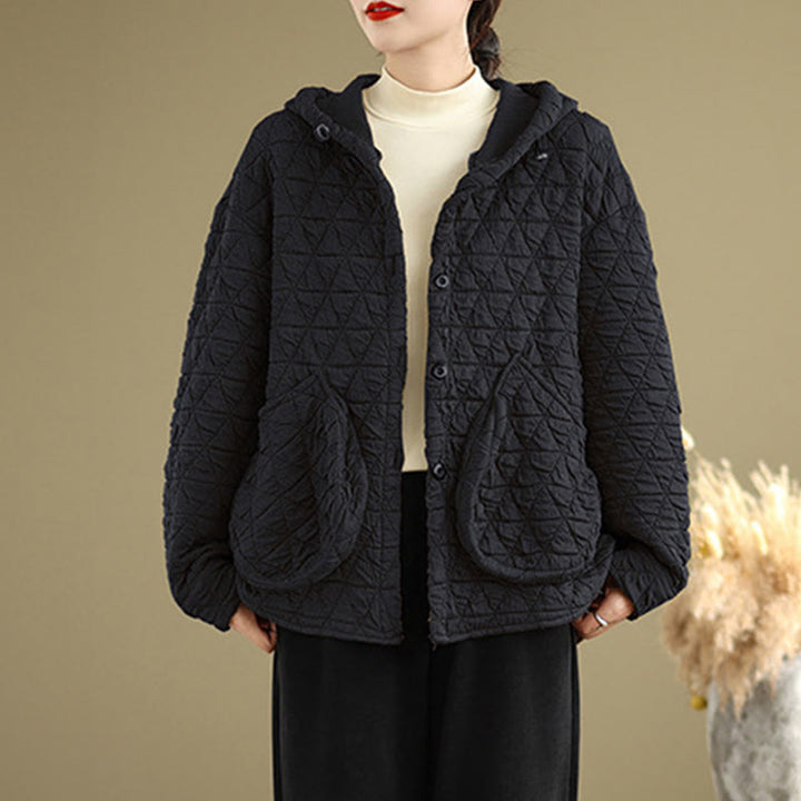 Buddha Stones Retro Rhombic Pattern Women's Acrylic Hooded Long Sleeve Jacket - image 9