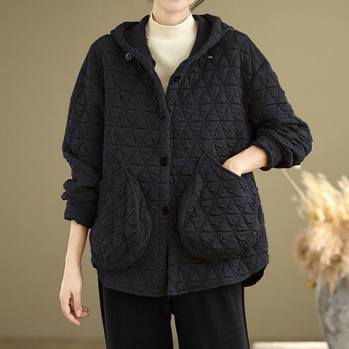 Buddha Stones Retro Rhombic Pattern Women's Acrylic Hooded Long Sleeve Jacket - Black - US14，UK/AU18，EU46 (2XL) - image 8
