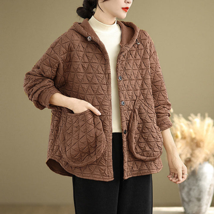 Buddha Stones Retro Rhombic Pattern Women's Acrylic Hooded Long Sleeve Jacket - image 13