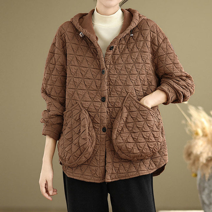 Buddha Stones Retro Rhombic Pattern Women's Acrylic Hooded Long Sleeve Jacket - image 12